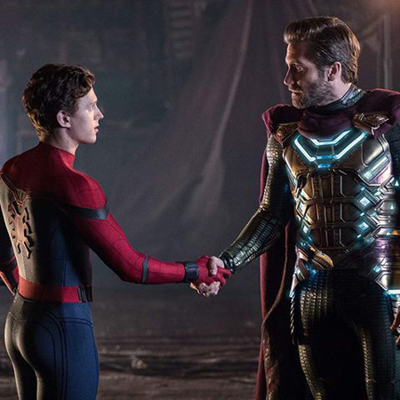 Mysterio and Spider-Man shake hands.